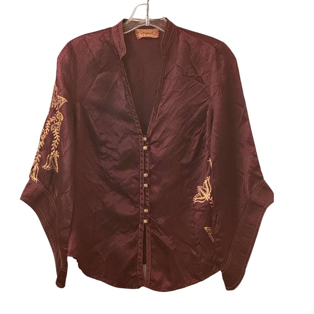 Sage Women's Burgundy Satin Angle Sleeve Blouse Jacket Gold Painted Size XS
